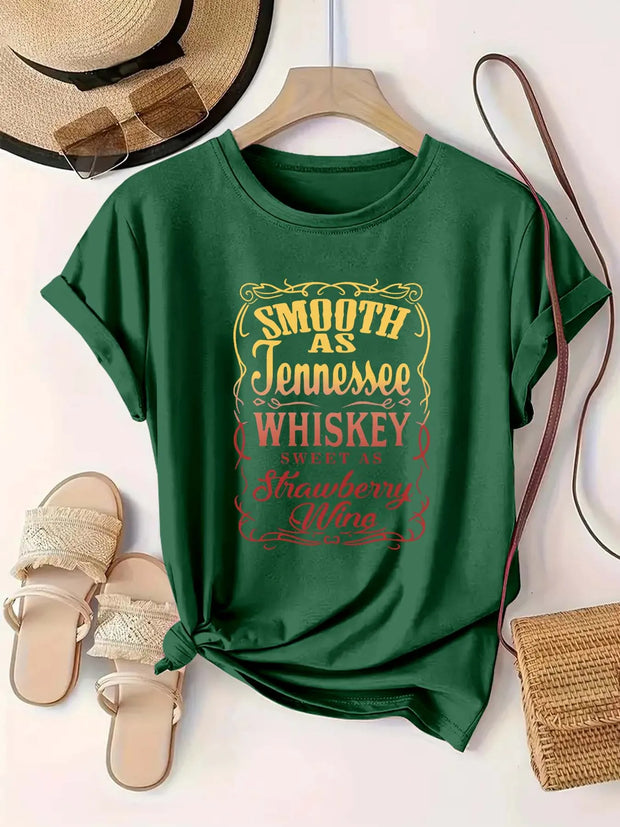 Plus Size Women's Round Neck Whiskey & Strawberry Wine themed Print Short Sleeve T Shirt Summer Casual Trendy Tops - Luxe Ladies Moda
