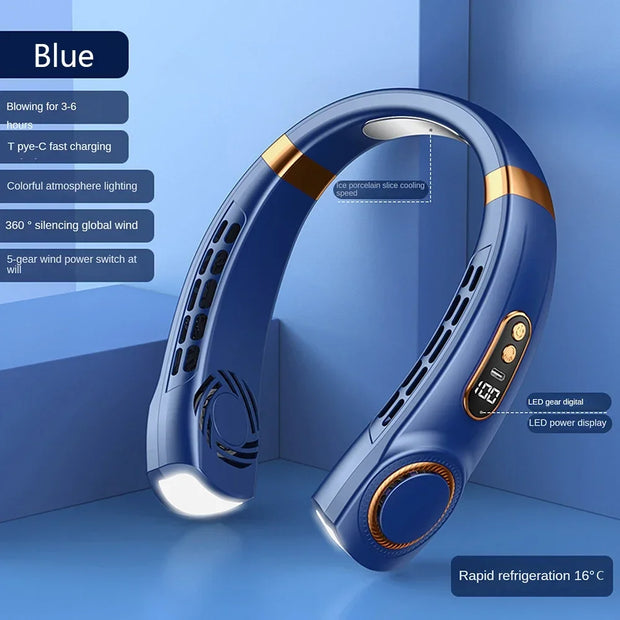 New Hanging Neck Fan Ice Magnet Cooler Digital Display Rechargeable Air Conditioner Neck Ventilator With Colorful Light