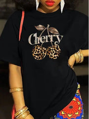 Women's Casual Cherry Print T-Shirt with Leopard Print Cherries & Letter Design - Short Sleeve, Crew Neck Ladies T Shirts - Luxe Ladies Moda