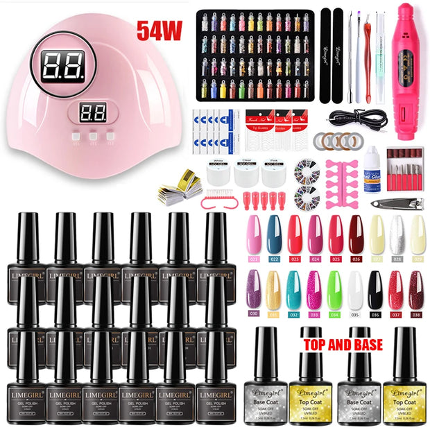 Nail Set Nail Gel Tools Kit 54W Nail Lamp 18/12/7 Colors UV Gel Nail Polish Kit Contains Nail Drill Machine Nail Kit