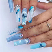 24pcs/Box Long T Handmade French Flame Wave Love With Diamond False Nail Enhancement Waterproof Gel Fake Nails