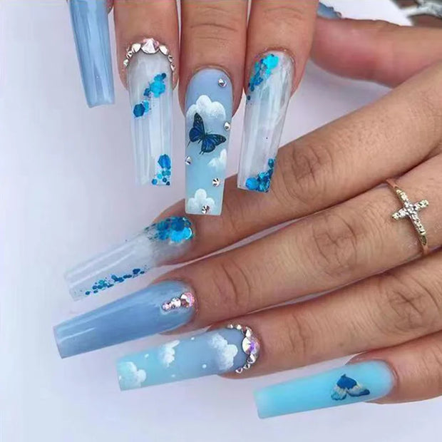 24pcs/Box Long T Handmade French Flame Wave Love With Diamond False Nail Enhancement Waterproof Gel Fake Nails