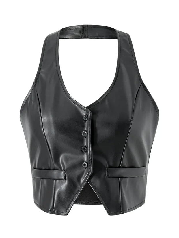 Women PU Leather Vest Coat Vintage Sleeveless V Neck Button Down Tank Tops Dark Academia Gothic Waistcoat Female Summer Fall
