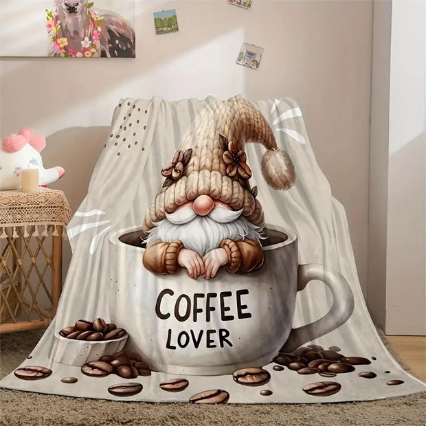 Cozy Gnome and Coffee Print Flannel Blankets - Soft, Warm Sofas, Office Beds, Camping Blankets - Versatile All-season Gifts