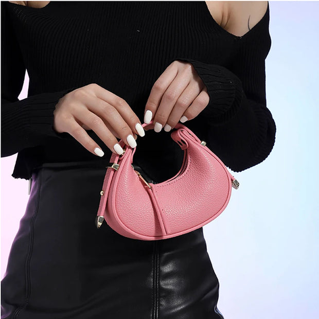 Textured Mini Half Moon Bag 2024 Chic Versatile Soft Leather Lipstick Handbags Girl's Cute Purse