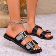New large size buckle flat bottom one word slippers female open toe retro style beach slippers - Luxe Ladies Moda