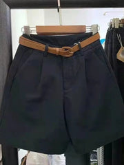 Summer Cotton Shorts for Women Korean Loose Casual Wide Leg Short Belt Solid Color Rose Red Women's Short Pants Female Clothing