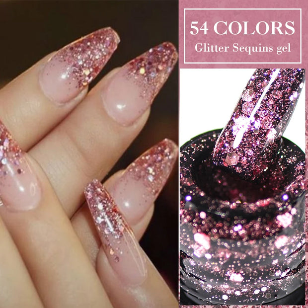 6PCS/Set Pink Glitter Gel Nail Polish Set Sequins Semi Permanent Base Matte Top Coat Soak Off LED UV Nail Art Gel Varnish