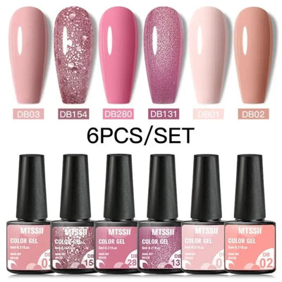 6PCS/Set Pink Glitter Gel Nail Polish Set Sequins Semi Permanent Base Matte Top Coat Soak Off LED UV Nail Art Gel Varnish