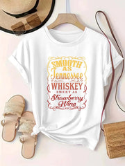 Plus Size Women's Round Neck Whiskey & Strawberry Wine themed Print Short Sleeve T Shirt Summer Casual Trendy Tops - Luxe Ladies Moda