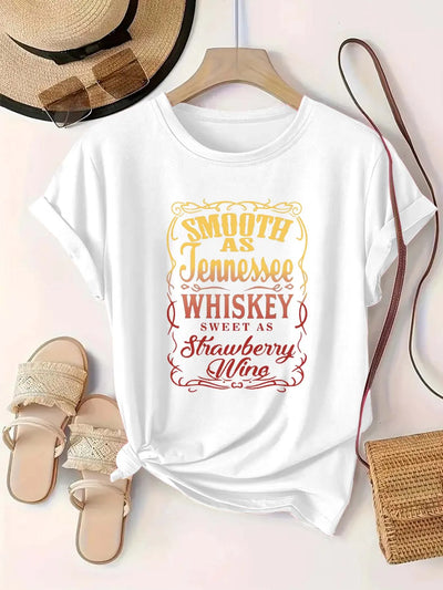 Plus Size Women's Round Neck Whiskey & Strawberry Wine themed Print Short Sleeve T Shirt Summer Casual Trendy Tops - Luxe Ladies Moda