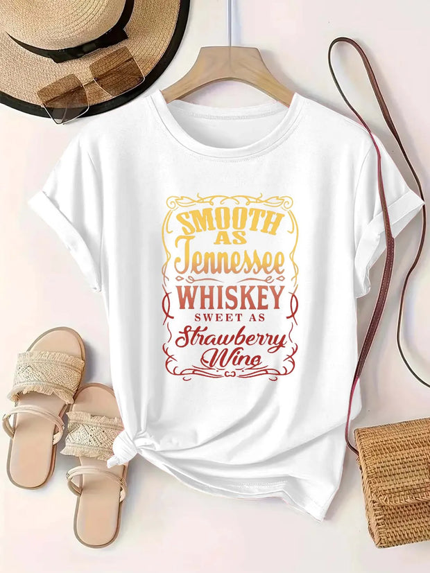 Plus Size Women's Round Neck Whiskey & Strawberry Wine themed Print Short Sleeve T Shirt Summer Casual Trendy Tops - Luxe Ladies Moda