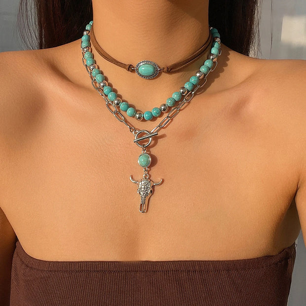 3pcs Set Vintage Ethnic Style Bull Head Pendant Necklace for Women Exquisite Green Stone Beads Clavicle Chain Jewelry - Luxe Ladies Moda