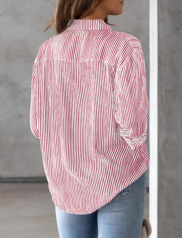 Women's Shirt Blouse Pink Striped classic Print Button Long Sleeve Casual No pockets Daily Basic Shirt - Luxe Ladies Moda
