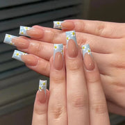 24pcs/Box Long T Handmade French Flame Wave Love With Diamond False Nail Enhancement Waterproof Gel Fake Nails
