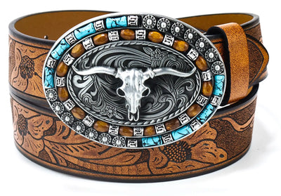 Western Cowboy Cowgirl PU Belts - Women Men Turquoise Embossed Waist Belts With LongHorn Bull Buckles Fit - Luxe Ladies Moda