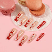 24pcs/Box Long T Handmade French Flame Wave Love With Diamond False Nail Enhancement Waterproof Gel Fake Nails