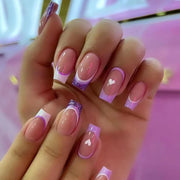 24pcs/Box Long T Handmade French Flame Wave Love With Diamond False Nail Enhancement Waterproof Gel Fake Nails