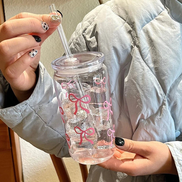 500Ml Pink Bow Print Water Bottle Drinking Can Iced Hot Coffee Juice Plastic Cup Pink Bowknot Tumbler Cup - Luxe Ladies Moda