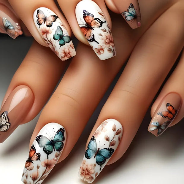24pcs/set Medium long fake nails for women Spring summer flowers butterfly bee design faux ongles tips press on false nail art - Luxe Ladies Moda