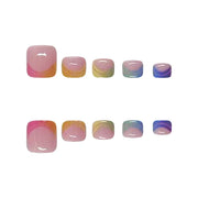 Summer French Gradient Press-On Toe Nails – Short Square Full Cover Rainbow Fake Toenail Set