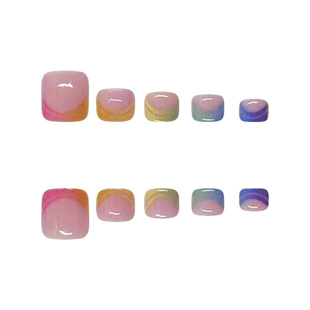 Summer French Gradient Press-On Toe Nails – Short Square Full Cover Rainbow Fake Toenail Set