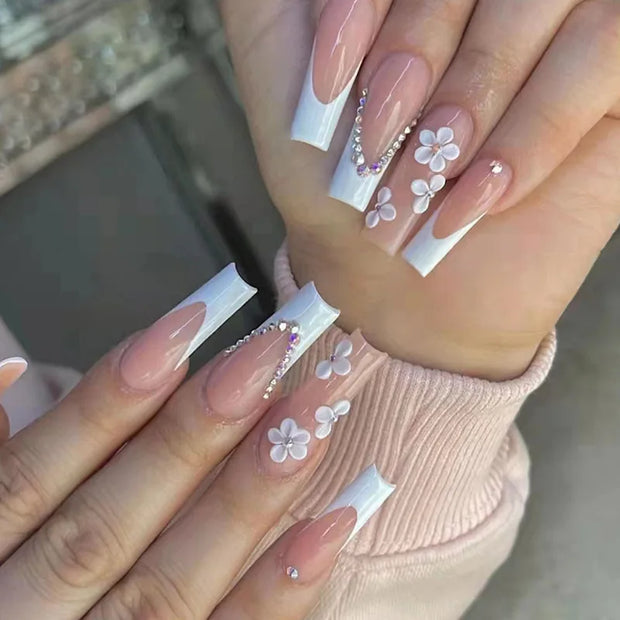 24pcs/Box Long T Handmade French Flame Wave Love With Diamond False Nail Enhancement Waterproof Gel Fake Nails