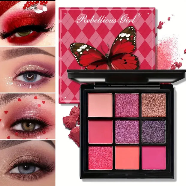 9-Grid Red Eyeshadow Palette Purple Glitter Pearlescent Matte Eye Shadow Shimmer Makeup Long Lasting Women Beauty Eye Cosmetics - Luxe Ladies Moda