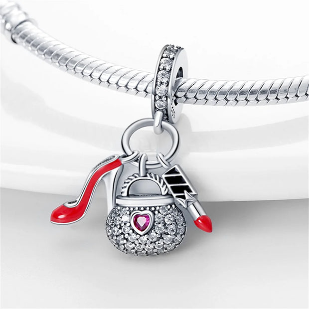 925 Sterling Silver Lipstick For High-heel Handbag Beads Fit Pandora Original Bracelet Charms Beads Women's Jewelry Gift - Luxe Ladies Moda