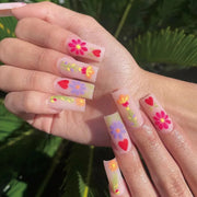 24pcs/Box Long T Handmade French Flame Wave Love With Diamond False Nail Enhancement Waterproof Gel Fake Nails