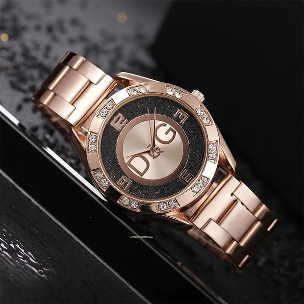 Women Watch Fashion with Diamonds Crystal Design Quartz Watches Leisure Rose Gold Stainless Steel Strap Clock - Luxe Ladies Moda