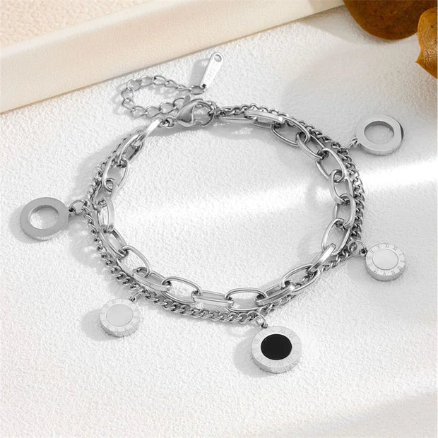 316L Stainless Steel Black And White Fritillaria Roman Round Plate Elegant And Charming Golden Gril Bracelet Evening Jewelry