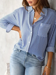 Women's Shirt Blouse Pink Striped classic Print Button Long Sleeve Casual No pockets Daily Basic Shirt - Luxe Ladies Moda