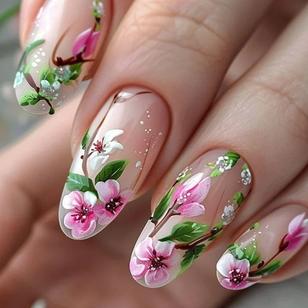 24pcs/set Medium long fake nails for women Spring summer flowers butterfly bee design faux ongles tips press on false nail art - Luxe Ladies Moda