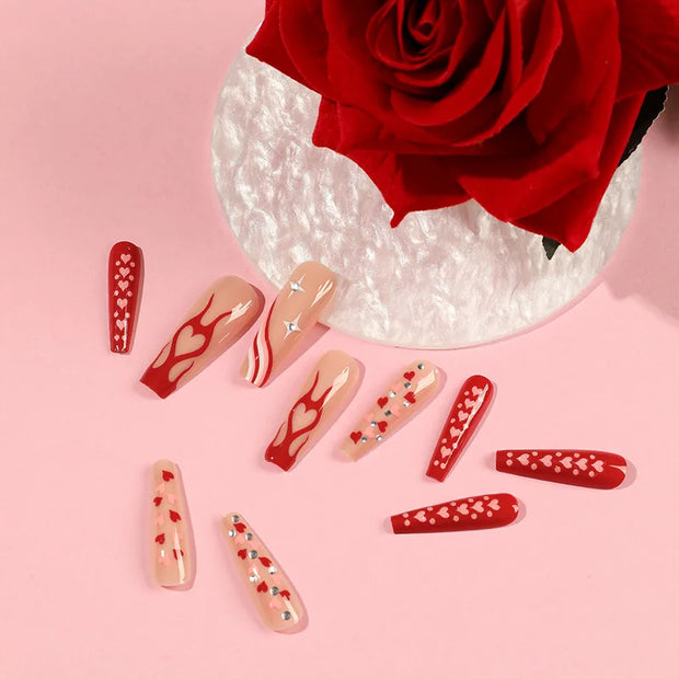 24pcs/Box Long T Handmade French Flame Wave Love With Diamond False Nail Enhancement Waterproof Gel Fake Nails