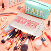 Chenille Letter Cosmetic Bag PU Leather Waterproof Pouch Cute Zipper Organizer, Skin, Hair and Face - Luxe Ladies Moda