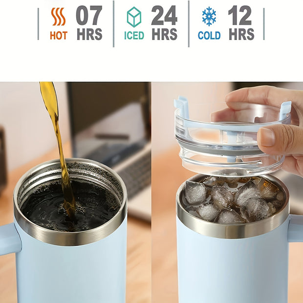 Stainless Steel Thermocooler Tumbler | Double-Walled Insulated Cup with Handle & Straw for Hot & Cold Drinks"