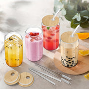 4Pcs Drinking Glasses with Bamboo Lids and Glass Straw - 16 Oz Can Shaped Glass Cups for Beer, Ice Coffee, Cute Tumbler Cup Great for Soda Boba Tea Cocktail Include 2 Cleaning Brushes - Luxe Ladies Moda