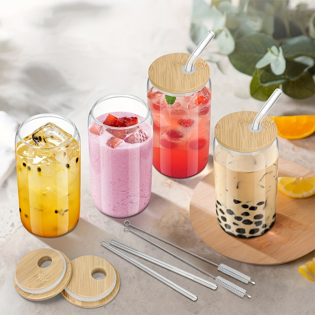 4Pcs Drinking Glasses with Bamboo Lids and Glass Straw - 16 Oz Can Shaped Glass Cups for Beer, Ice Coffee, Cute Tumbler Cup Great for Soda Boba Tea Cocktail Include 2 Cleaning Brushes - Luxe Ladies Moda
