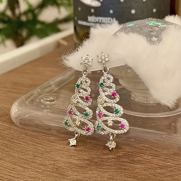 Luxurious 925 Sterling Silver Christmas Tree Drop Earrings – Dazzling Crystal Accents, Hypoallergenic, Nickel-Free