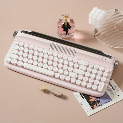 YUNZII B309 Pink Upgraded Wireless Retro Typewriter Style Keyboard, Integrated Stand, USB-C/BT Keyboard, Cute Round Keycaps & Volume Switching Knobs For Multi-Device, Compatible With Win/Mac/iOS/Android Multi-System - Luxe Ladies Moda