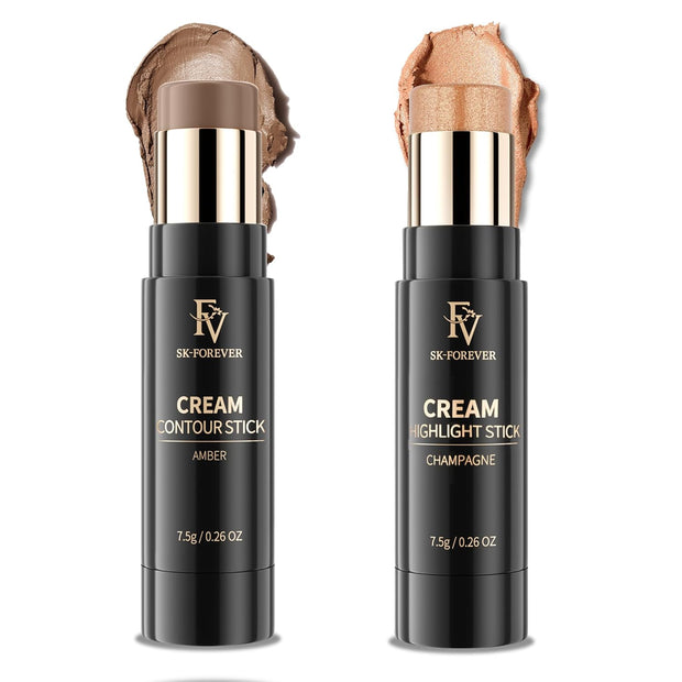 Contour and Highlighter Stick, Highly Pigmented & Blendable, Long Lasting & Creamy Texture, Waterproof, Natural Finish Contour Set for Face Sculpting, Travel-Friendly, 01 Amber & 03 Champagne
