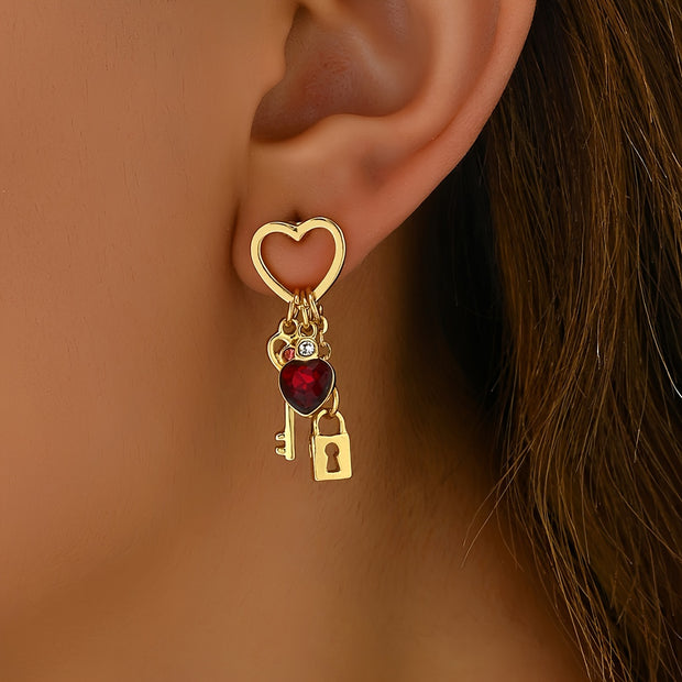 14K Gold Plated Heart & Lock Love Key Drop Earrings with Red Glass Charm - Elegant Copper Dangle Earrings with Stainless Steel Ear Needle for Women - Versatile Daily Wear Jewelry - Luxe Ladies Moda