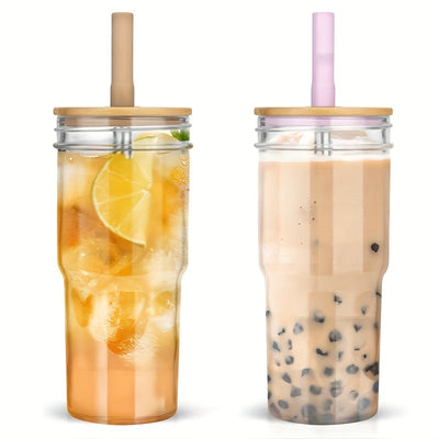 24 oz Wide Mouth Mason Jar Drinking Glass with Bamboo Lids and Straws 2 Pack, Smoothie Cup Reusable for Iced Coffee, Pearl Milkshake, Water, Juice BPA Free - Luxe Ladies Moda