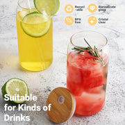 4Pcs Drinking Glasses with Bamboo Lids and Glass Straw - 16 Oz Can Shaped Glass Cups for Beer, Ice Coffee, Cute Tumbler Cup Great for Soda Boba Tea Cocktail Include 2 Cleaning Brushes - Luxe Ladies Moda