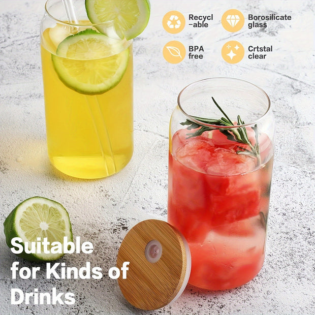 4Pcs Drinking Glasses with Bamboo Lids and Glass Straw - 16 Oz Can Shaped Glass Cups for Beer, Ice Coffee, Cute Tumbler Cup Great for Soda Boba Tea Cocktail Include 2 Cleaning Brushes - Luxe Ladies Moda