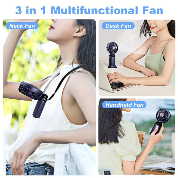 Portable Mini Handheld Fan - 5000mAh USB Rechargeable, Touch Control, 5-Speed Foldable Fan, LED Display, For Home, Office, Outdoor Hand Held/Desk/Neck Fan 3 In 1 Mini Fan With Base - Luxe Ladies Moda
