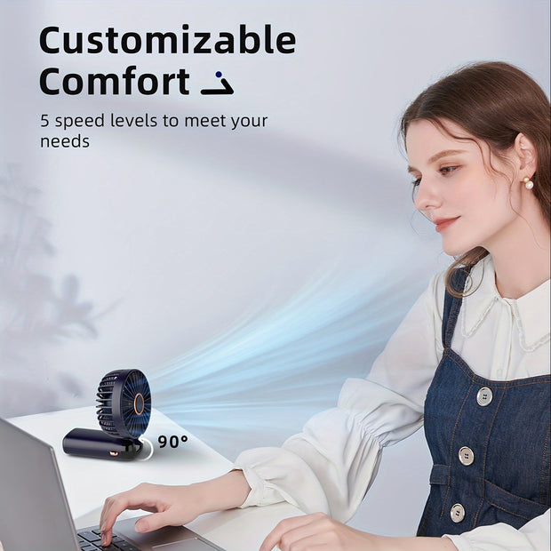 Portable Mini Handheld Fan - 5000mAh USB Rechargeable, Touch Control, 5-Speed Foldable Fan, LED Display, For Home, Office, Outdoor Hand Held/Desk/Neck Fan 3 In 1 Mini Fan With Base - Luxe Ladies Moda