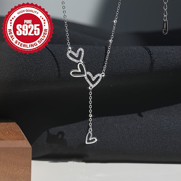 925 Pure Silvery Heart Tassel Necklace, Glittering Golden Clavicle Chain, Hypoallergenic 0.12oz, Perfect for Mother's Day, Valentine's Day, Wedding, Daily Accessories, Lovely and Luxurious Style - Luxe Ladies Moda
