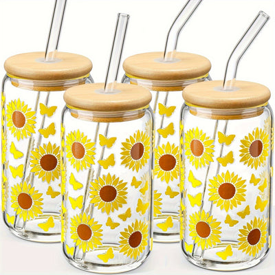 4PS Sunflower Printed Glass With Lid And Straw 16OZ Coffee Mugs, Drinking Mugs 4-Piece Set For Coffee, Milk Tea, Juice, Beer Mugs, Gift Mugs - Luxe Ladies Moda
